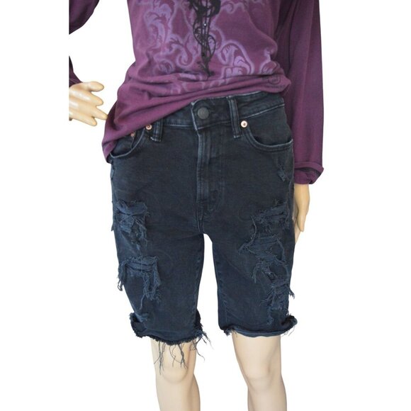 American Eagle Outfitters AirFlex+ Mens Black Denim Distressed Slim Bermuda Shor - Picture 2 of 7
